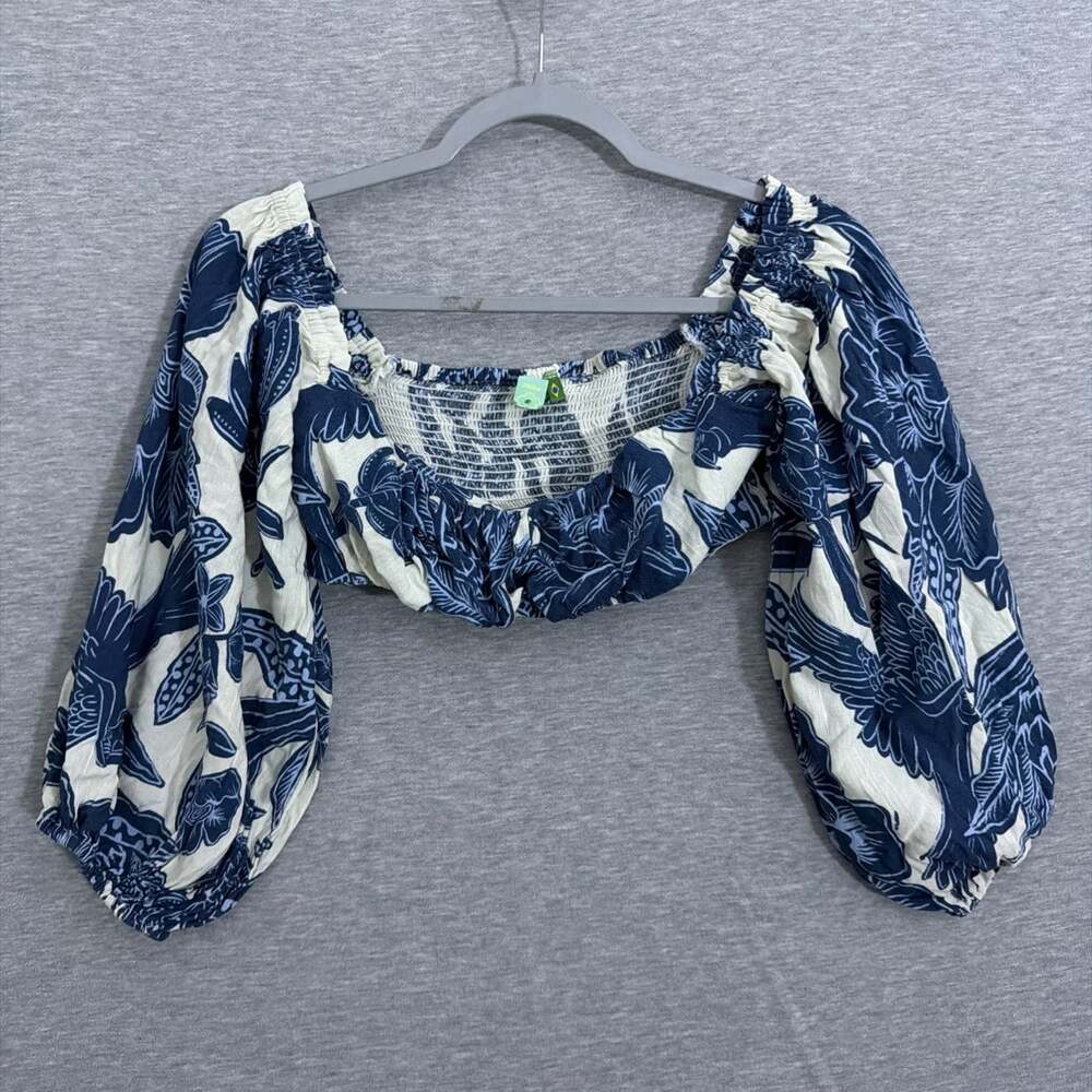FARM Rio Womens Medium Blue Tropical Floral Print Smocked Off Shoulder Top 31855